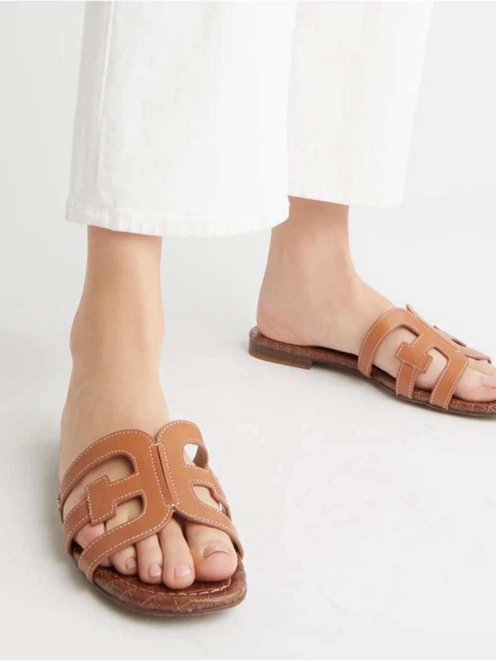 Women's Sam Edelman 6 1/2 Tan Leather Slide Sandals with Cutout Strap